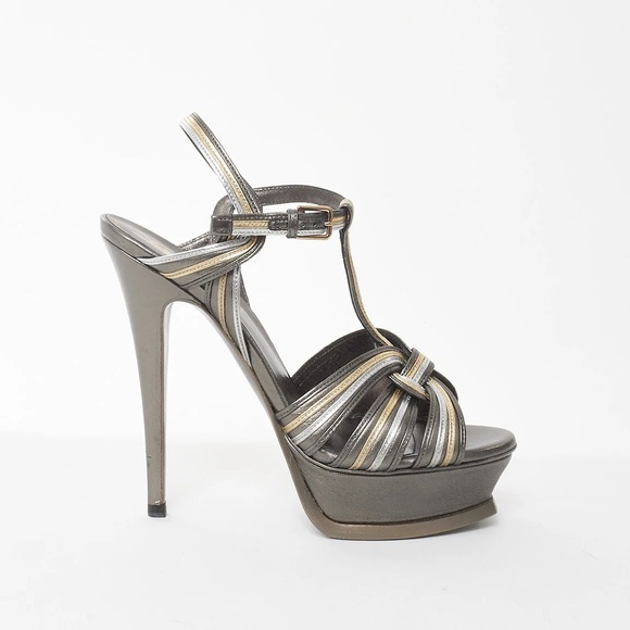 Yves Saint Laurent | Leather Metallic Silver and Gold Tribute Platform Sandals - Picture 1 of 15